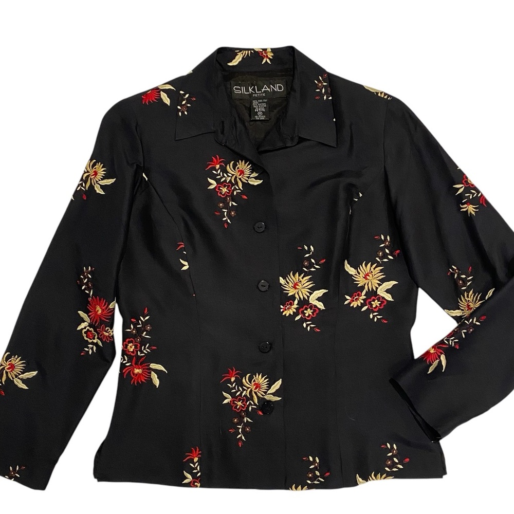 SilkLand 100% Silk Black Floral Button Up Jacket Blouse Petite Medium NWOT